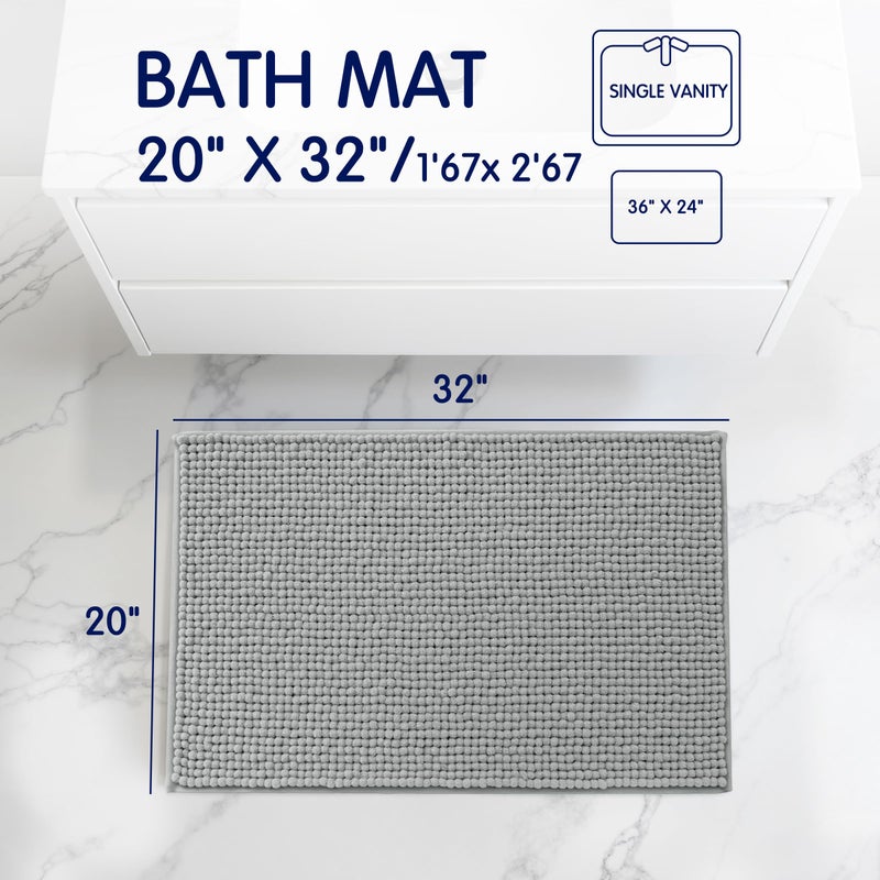 SUBRTEX Bathroom Rugs, 20" x 32" Chenille Bath Rug Soft Short Plush Bath Mat Soft Shower Mat Water Absorbent Shower Mat Quick Dry Machine Washable, Light Gray - Image 2